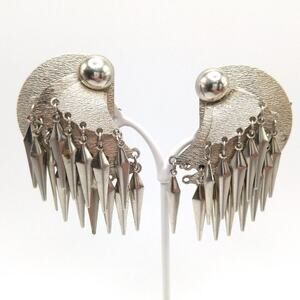 Vintage Southwestern Style Silver Tone Tassel Clip Earrings, 2 Inches